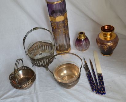 null Lot: four-piece enamel set, three crystal vases, three metal bannettes