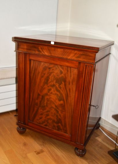 null Mahogany veneered jam cupboard, opening by a full door, fluted uprights, with...