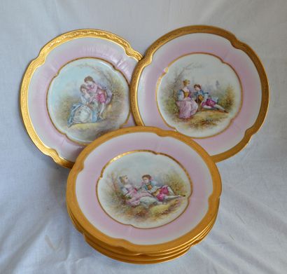 Six porcelain plates with polychrome galant...