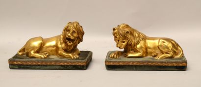  Ecole du XVIIIème siècle 
Paire de lions couchés 
Bronze doré sur un socle en velours...