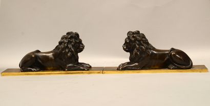  Ecole du debut du XIXème siècle 
Paire de lions couchés 
Bronze à patine brune sur...