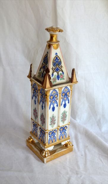 A neo-Gothic architectural polychrome porcelain...