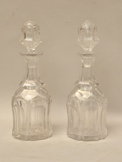  Pair of crystal CARAFES with cut sides and starred back (slight chips to the stopper...