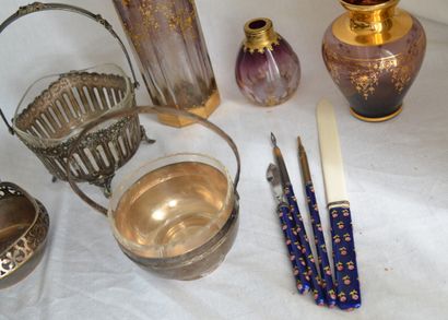 null Lot: four-piece enamel set, three crystal vases, three metal bannettes