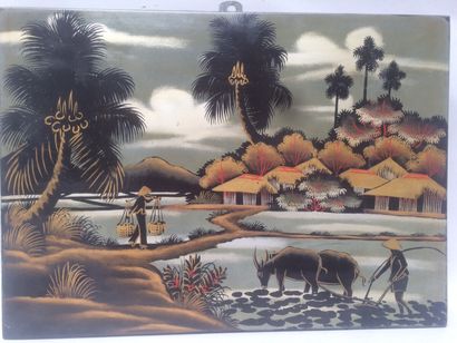 null VIETNAM

Three lacquered wood panels representing villages, one signed lower...