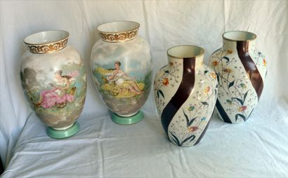 Two pairs of white opaline VASES with floral...