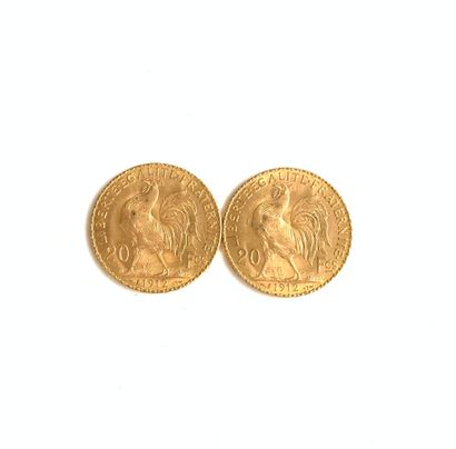 TWO PIECES of 20 Francs gold. 
Weight: 12.9...
