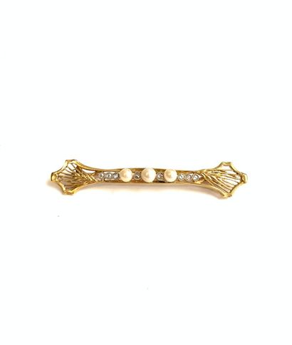 Gold barrette brooch set with three pearls...