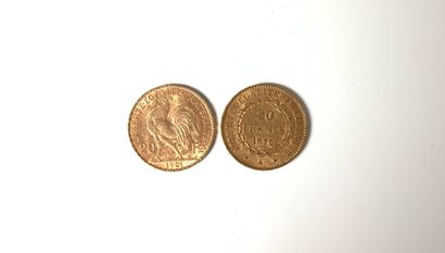 TWO PIECES of 20 Francs gold. 
Weight: 12.9...