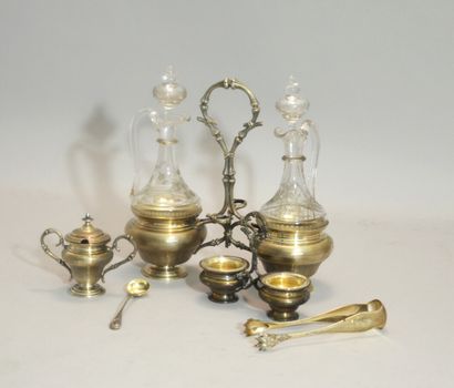 igrier SET of silver guilloche: oil and vinegar cruet (and its engraved glass bottles),...