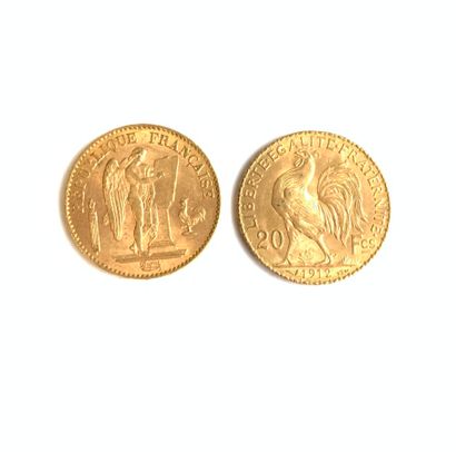  TWO PIECES of 20 Francs gold. 
Weight: 12.9 g