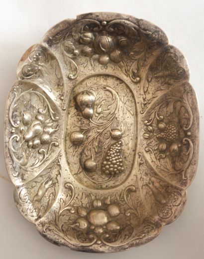 Silver embossed fruit basket with fruits,...
