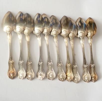 null 9 COUVER and 1 SPoon in silver (800), double filet and shell model, monogrammed...