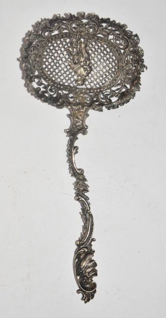 Silver sprinkling spoon with rocaille decoration,...