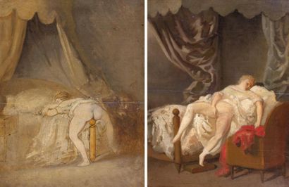 ÉCOLE FRANCAISE vers 1900 Jeune femme au pied du lit Jeune femme se masturbant Deux...