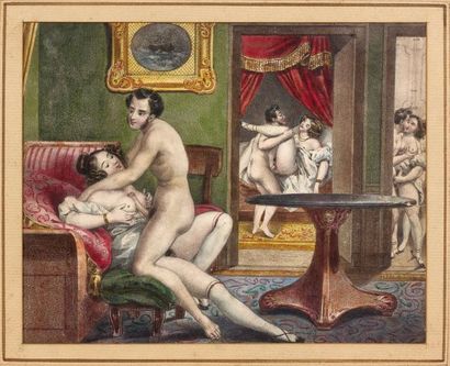 ÉCOLE FRANCAISE vers 1840 Scène d'intérieur de maison close Lithographie en couleurs...