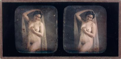 null DAGUERREOTYPE stéréo érotique rehaussé en couleur représentant une femme nue...