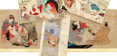 null FRAGMENT de KAKEMONO représentant trois scènes érotiques sur soie peintes et...