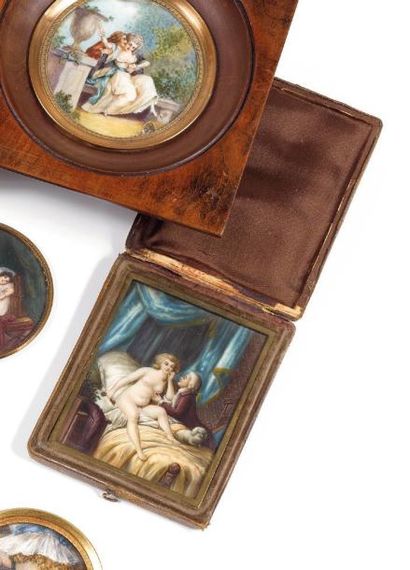 ÉCOLE FRANCAISE du XIXème siècle Scène galante Miniature rectangulaire 8,5 x 6,5...
