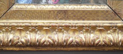 null Carved and gilded wood frame with rais-de-coeur decoration, the plate with rare...