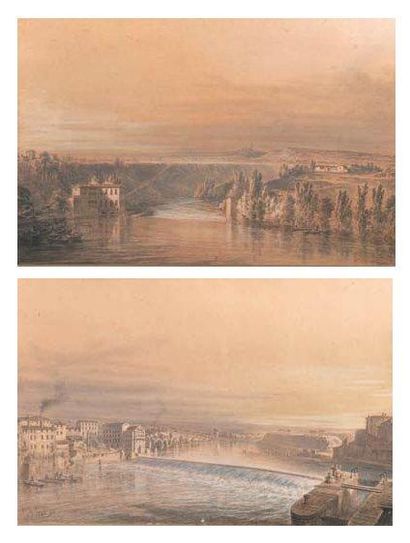 ECOLE FRANCAISE du XIXème siècle Le Tarn Paire d'aquarelles gouachées, une située...