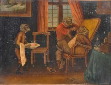 ECOLE FLAMANDE XVIIIème siècle Les singes dentistes Huile sur toile 27 x 35 cm