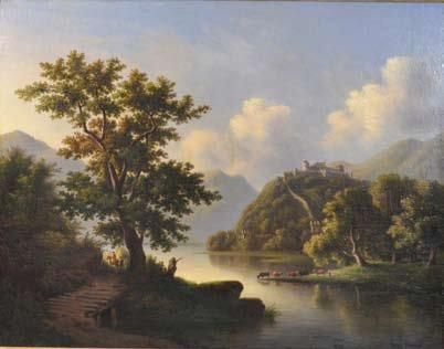 Paul DUTRECH (Actif au XIX ème siècle) Château fortifié dominant un paysage de rivière...