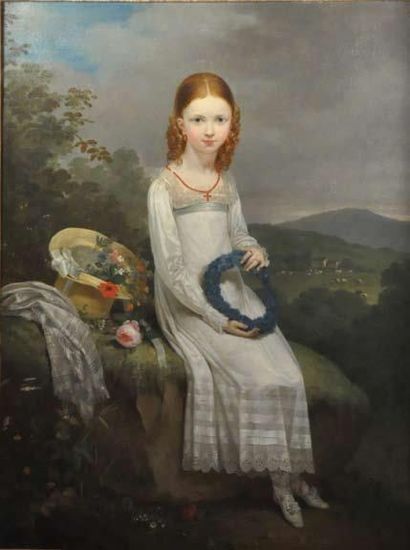 Ecole FRANCAISE vers 1830 Jeune fille tressant une couronne de bleuets dans un paysage...