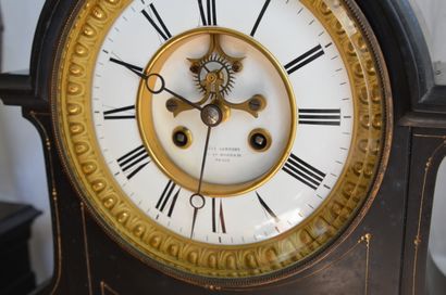 null Black granite mantel set : malachite inlaid pendulum clock

Signed Levy and...