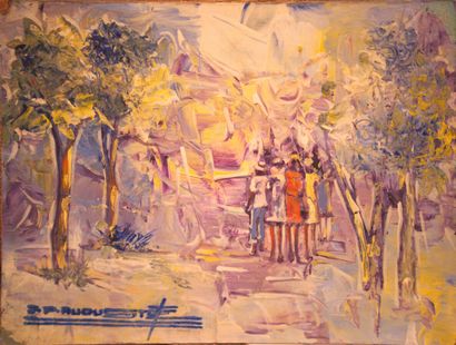 AUGUST S. P. 
On a walk 
Oil on isorel signed...