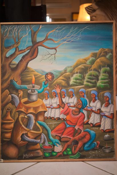 null BAPTISTE Jean 

Vodou Ceremony 

Acrylic on canvas signed lower left

61 x 50...