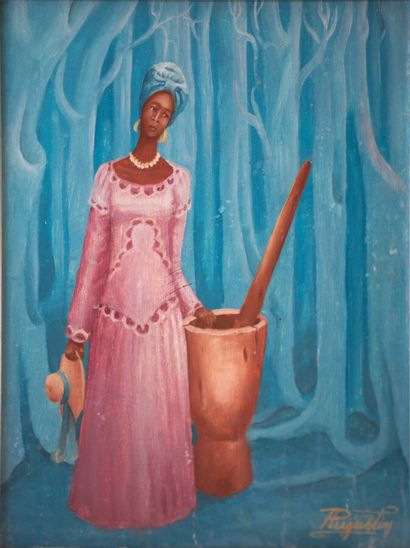  AUGUSTIN Pierre (1945) 
Woman with a pestle 
Acrylic on isorel signed lower right...