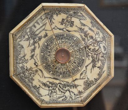 null BOUSSOLE de géomancie de forme octogonale en os gravée de scènes paysagées.

Chine,...