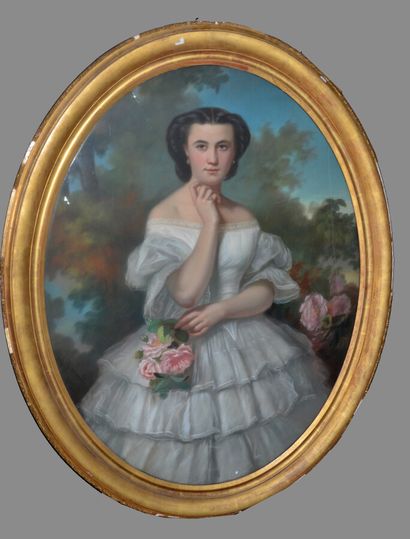  DURAND Gabrielle (1812 - 1882) 
Jeune fille au rose, 1864. 
Pastel, signé et daté...