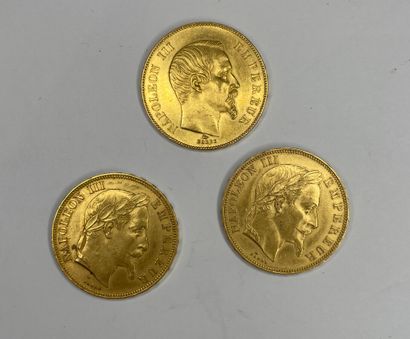 null Trois pièces de 50 francs Napoléon III en or jaune (900/1000e) datées 1857,...