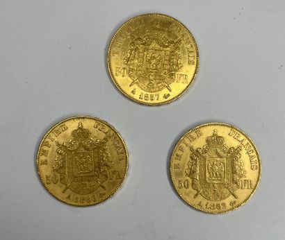 null Trois pièces de 50 francs Napoléon III en or jaune (900/1000e) datées 1857,...