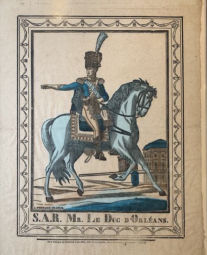 null Ecole française XIX ème THIBAULT 

Le Duc d'Orléans Cavalier 

Gravure populaire...