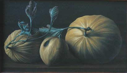 ETIENNE ALBIN (1979). Les melons jaunes. Huile sur panneau de chêne, monogrammé en...