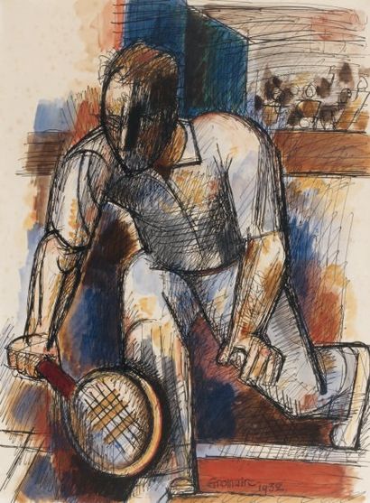 Marcel GROMAIRE (1892-1971). Joueur de tennis. Encre de Chine et aquarelle signée...