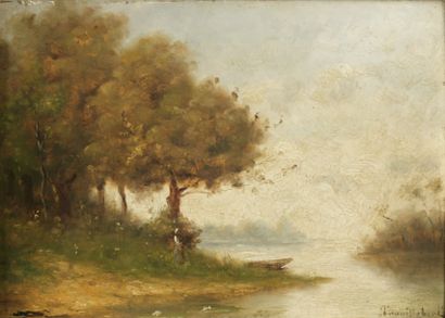 PAUL-DÉSIRÉ TROUILLEBERT (1829-1900). Bord de rivière animée. Huile sur panneau signé...