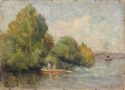 Maximilien LUCE (1858-1941). Bord de Seine à Guernes. Huile sur toile marouflée sur...