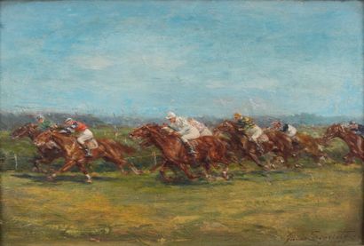 GUIDO SIGRISTE (1864-1915). Course de chevaux, 1906. Huile sur panneau signé et daté...