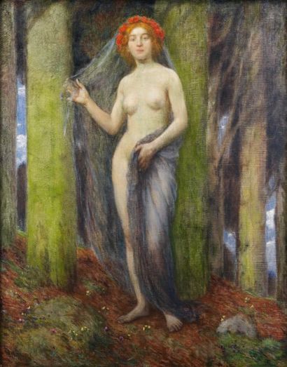 FRANZ LIPPISCH (1859-1941). Jeune femme au drapé dans un sous-bois, 1900. Huile sur...