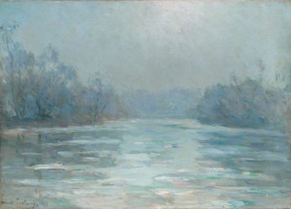 ALBERT LEBOURG (1849- 1928). La Seine charriant des glaçons - vue prise du pont de...