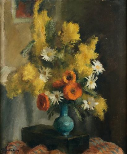 ROGER CHAPELAIN-MIDY (1904-1992). Bouquet de fleurs dans un vase bleu, 1930. Huile...