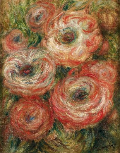 PIERRE-AUGUSTE RENOIR (1841-1919). Roses dans un vase. Huile sur toile portant le...