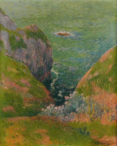 HENRY MORET (1856-1913). Les falaises du Pouldu Clohars-Carnoët, circa 1897. Huile...