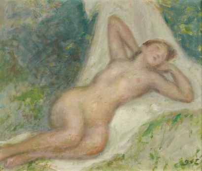 GEORGES D'ESPAGNAT (1870-1950). Nu couché sur un drap dans l'herbe. Huile sur toile...