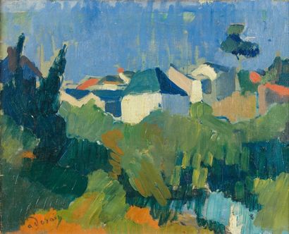 André DERAIN (1880-1954). Maisons dans la verdure. Huile sur toile signée en bas...