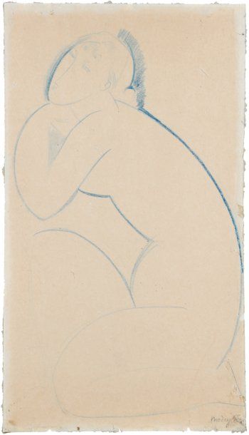 AMEDEO MODIGLIANI (1884-1920). Cariatide. Crayon bleu signé en bas à droite. Papier...